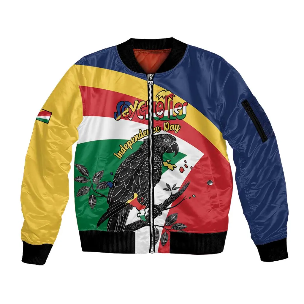 Personalized Happy Seychelles Independence Day Sleeve Zip Bomber Jacket Black Parrot Coat Of Arms LT15