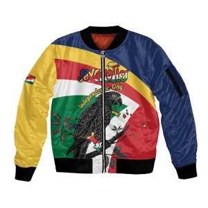 Personalized Happy Seychelles Independence Day Sleeve Zip Bomber Jacket Black Parrot Coat Of Arms LT15
