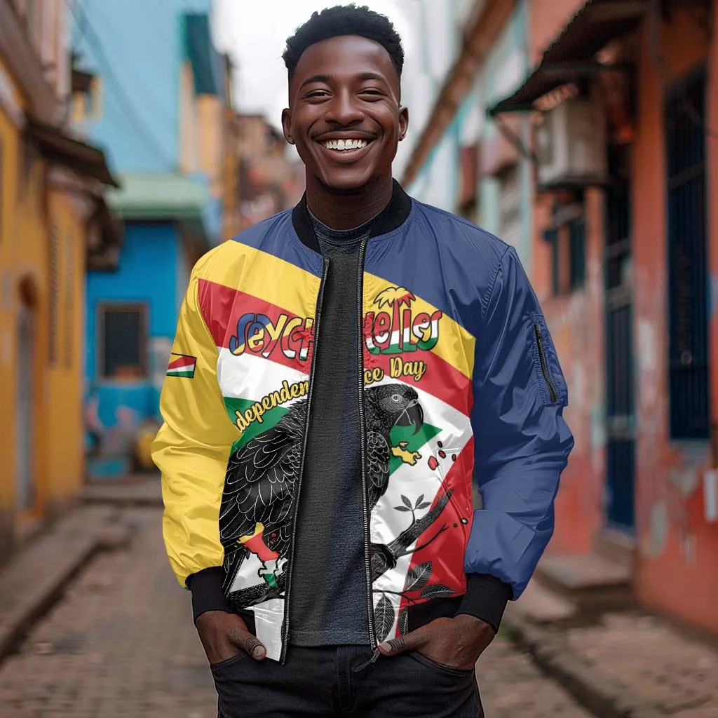 Personalized Happy Seychelles Independence Day Sleeve Zip Bomber Jacket Black Parrot Coat Of Arms LT15