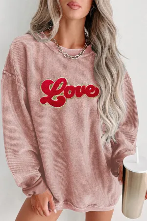 Pink Glitter Love Chenille Patch Corded Sweatshirt