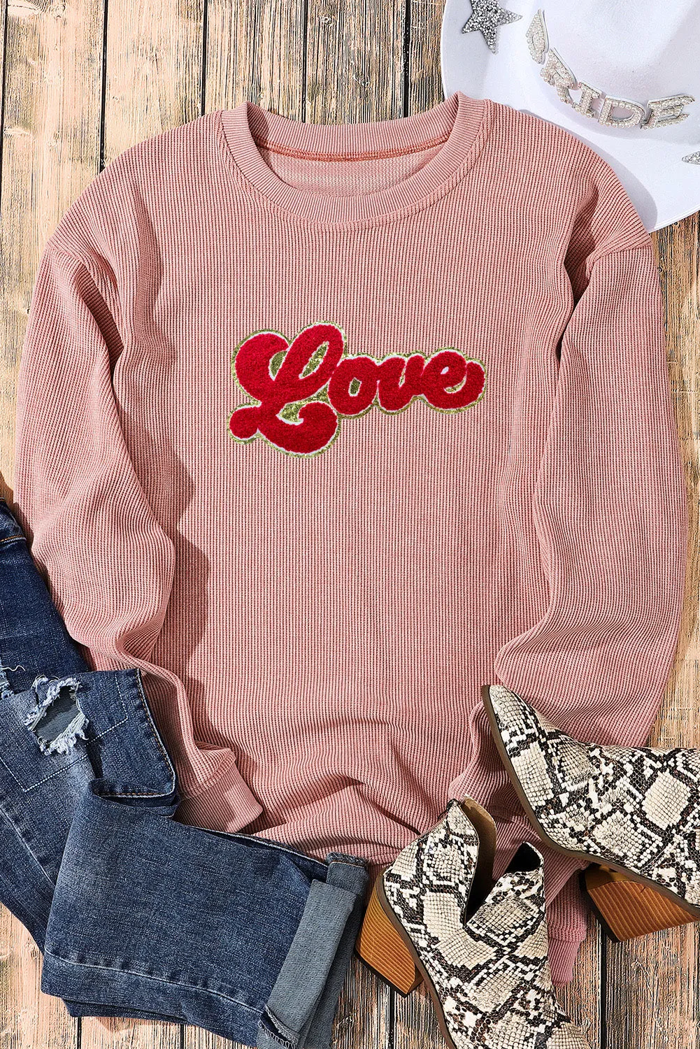 Pink Glitter Love Chenille Patch Corded Sweatshirt