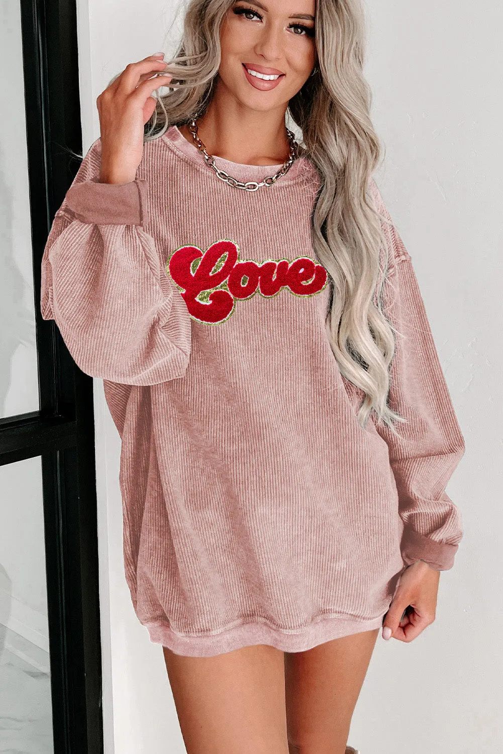 Pink Glitter Love Chenille Patch Corded Sweatshirt