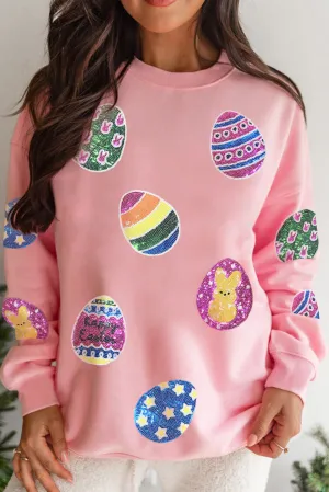 Pink Sequined Easter Egg Patched Pullover Sweatshirt