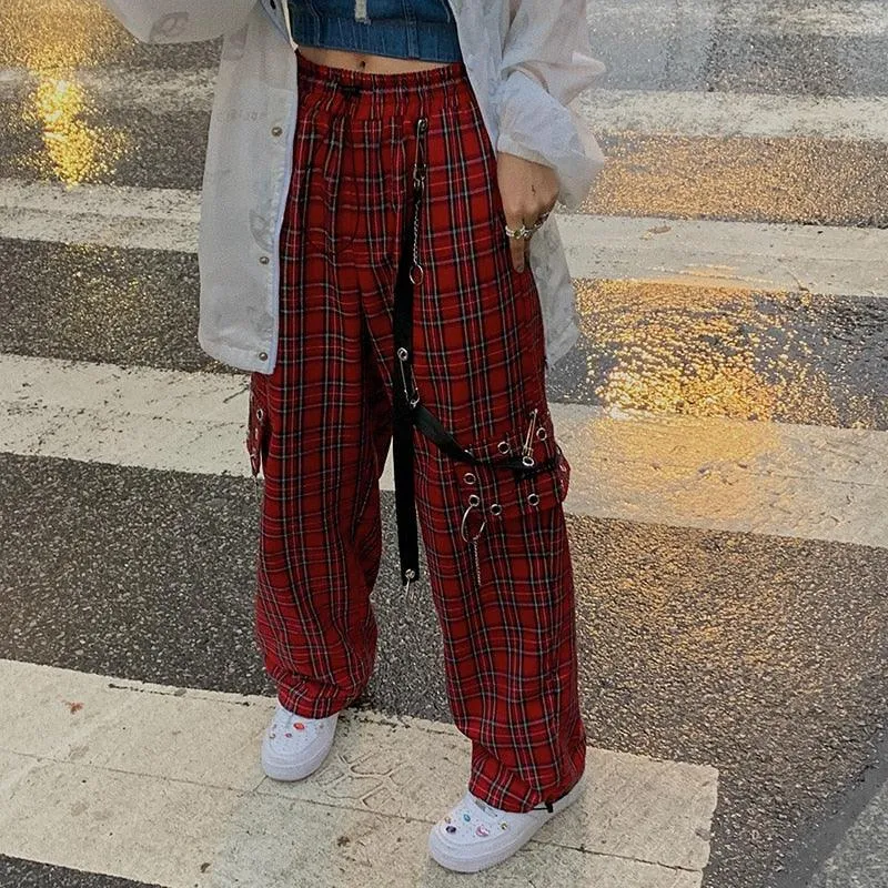Plaid Cargo Pants with Chain - Wide Leg Baggy Design for a Gothic and Loose Fit Look