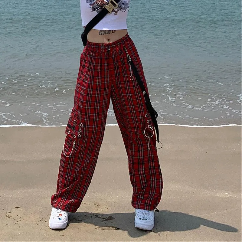 Plaid Cargo Pants with Chain - Wide Leg Baggy Design for a Gothic and Loose Fit Look