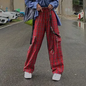Plaid Cargo Pants with Chain - Wide Leg Baggy Design for a Gothic and Loose Fit Look