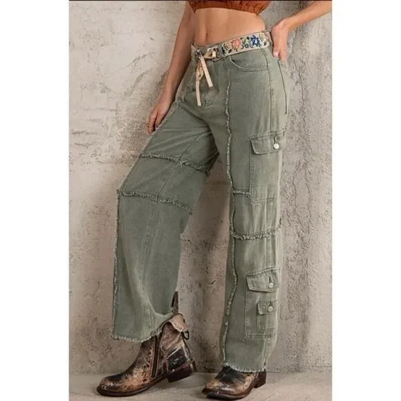 POL Wide Leg Soft 100% Cotton Boho Cargo Jeans Black Size M FWP64