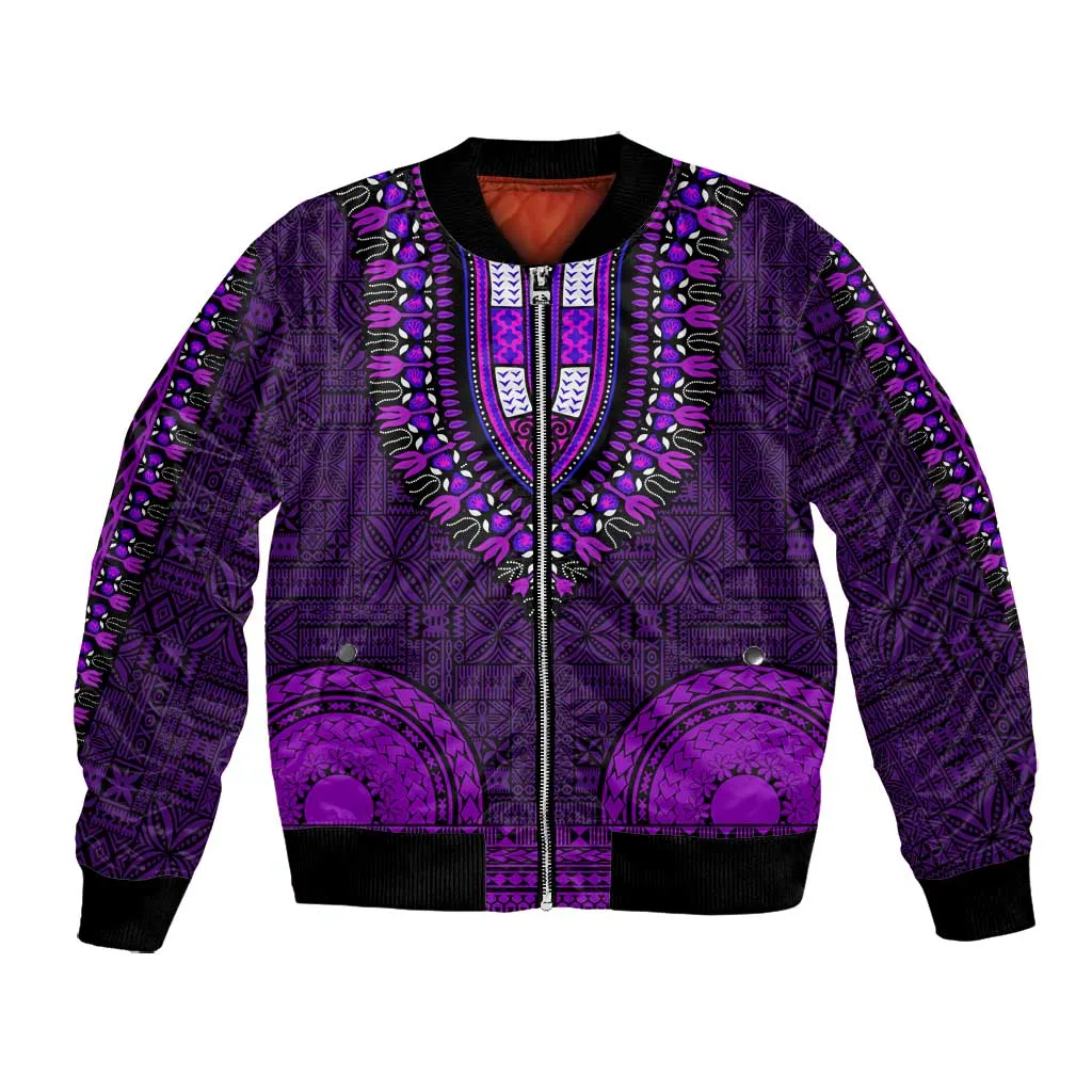 Purple Dashiki and Tapa Pattern Bomber Jacket Africa-Polynesia Together Culture LT9