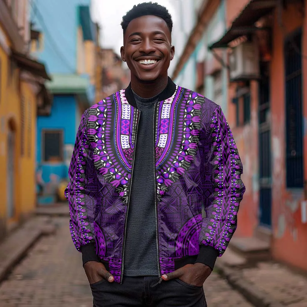 Purple Dashiki and Tapa Pattern Bomber Jacket Africa-Polynesia Together Culture LT9