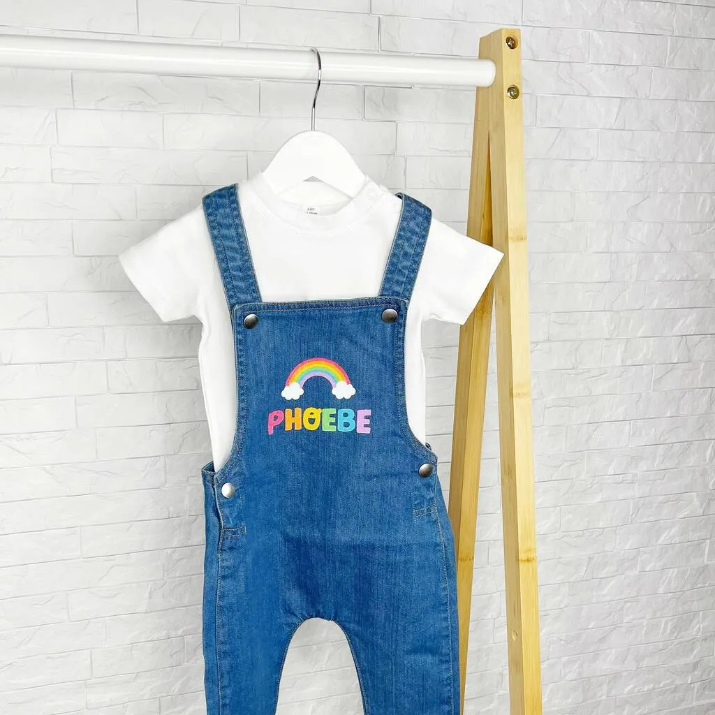 Rainbow Personalised Denim Dungaree For Girls