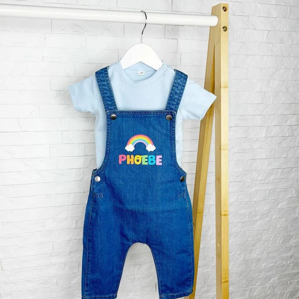 Rainbow Personalised Denim Dungaree For Girls