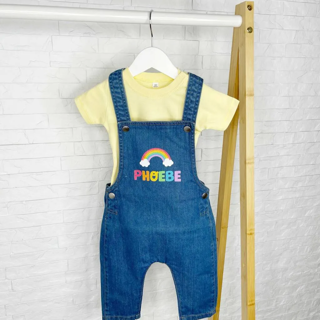 Rainbow Personalised Denim Dungaree For Girls