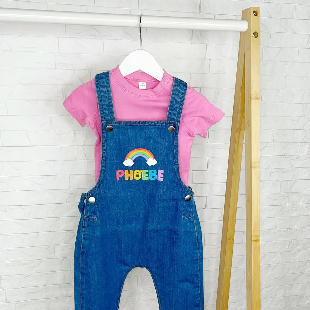 Rainbow Personalised Denim Dungaree For Girls