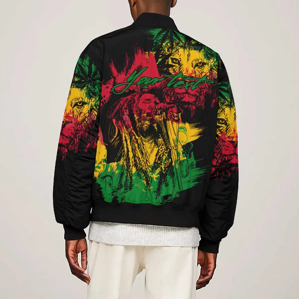 Rastafarian Lion Legend Bob Bomber Jacket Black Jamaican Reggae Festival Sketch Portrait LT9