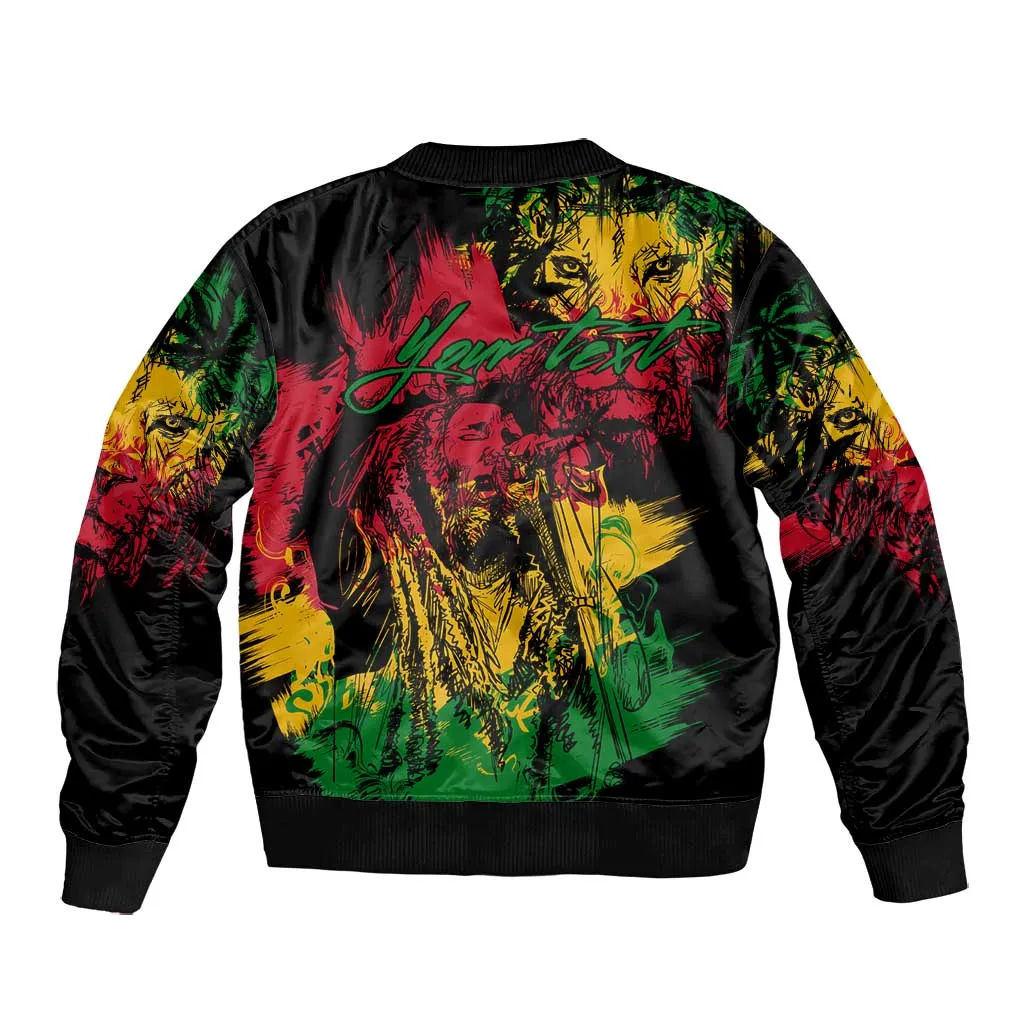 Rastafarian Lion Legend Bob Bomber Jacket Black Jamaican Reggae Festival Sketch Portrait LT9