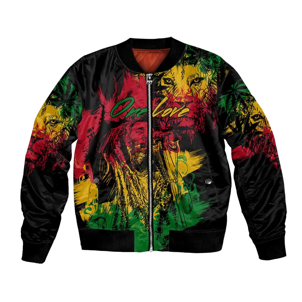 Rastafarian Lion Legend Bob Bomber Jacket Black Jamaican Reggae Festival Sketch Portrait LT9