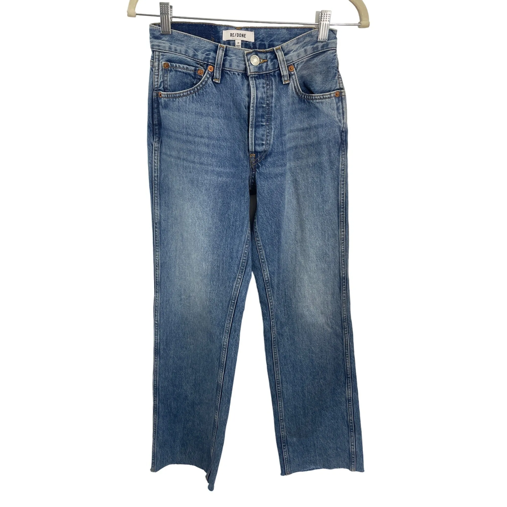 Re/Done Women's Blue Wide Jeans with Distressed Look at Length End  Sz 24