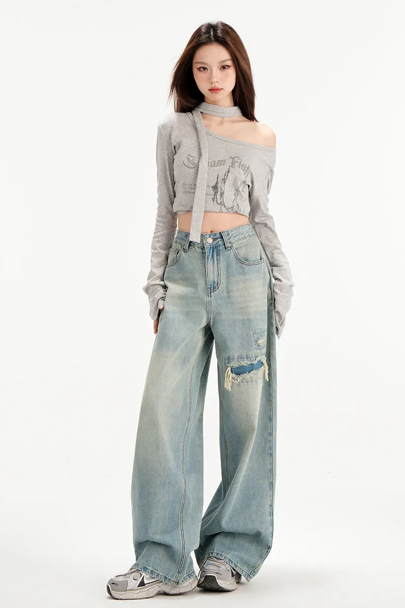 Relaxed Fit Worn-Out Wide-Leg Jeans with Anti-Wrinkle Fabric