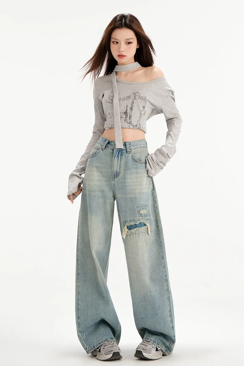 Relaxed Fit Worn-Out Wide-Leg Jeans with Anti-Wrinkle Fabric