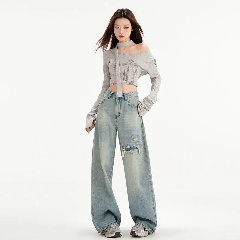 Relaxed Fit Worn-Out Wide-Leg Jeans with Anti-Wrinkle Fabric