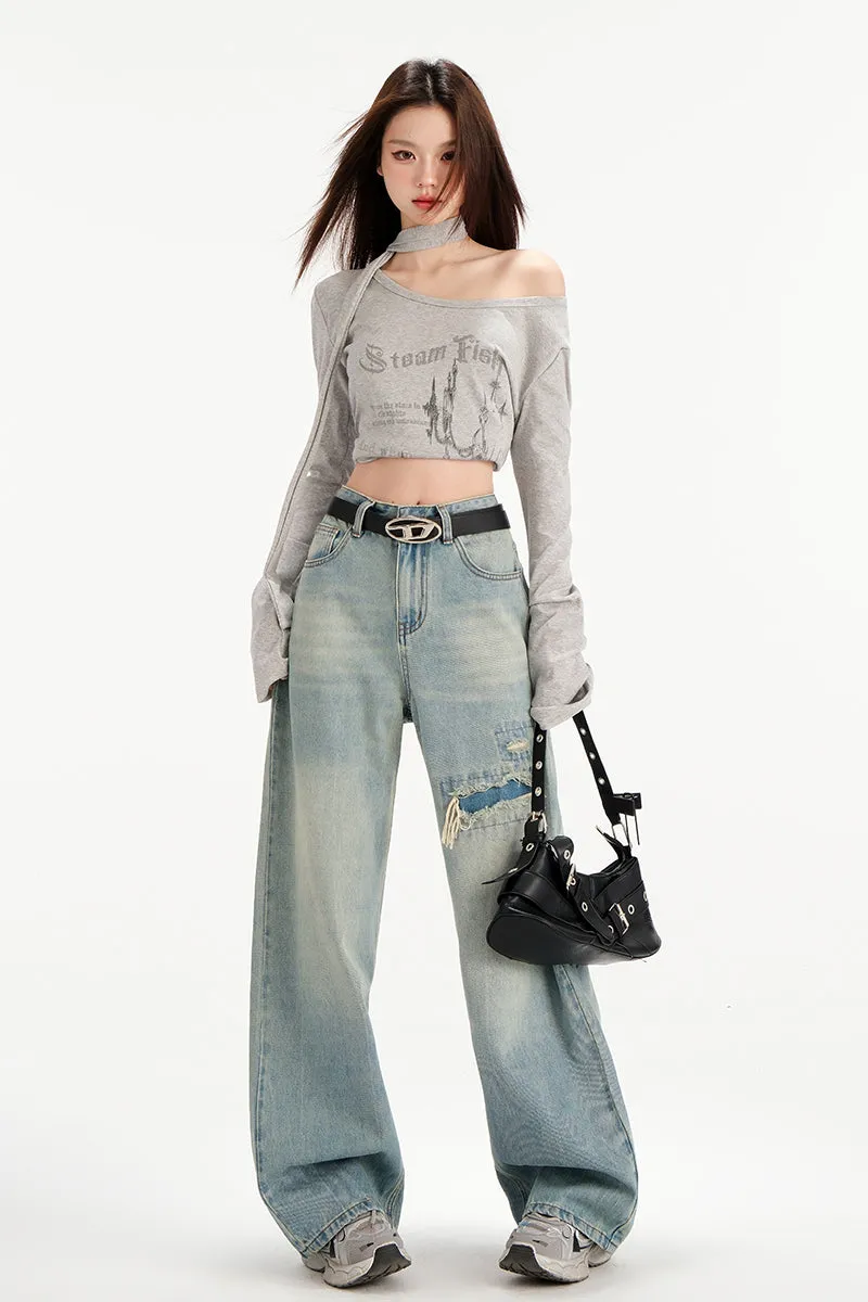 Relaxed Fit Worn-Out Wide-Leg Jeans with Anti-Wrinkle Fabric