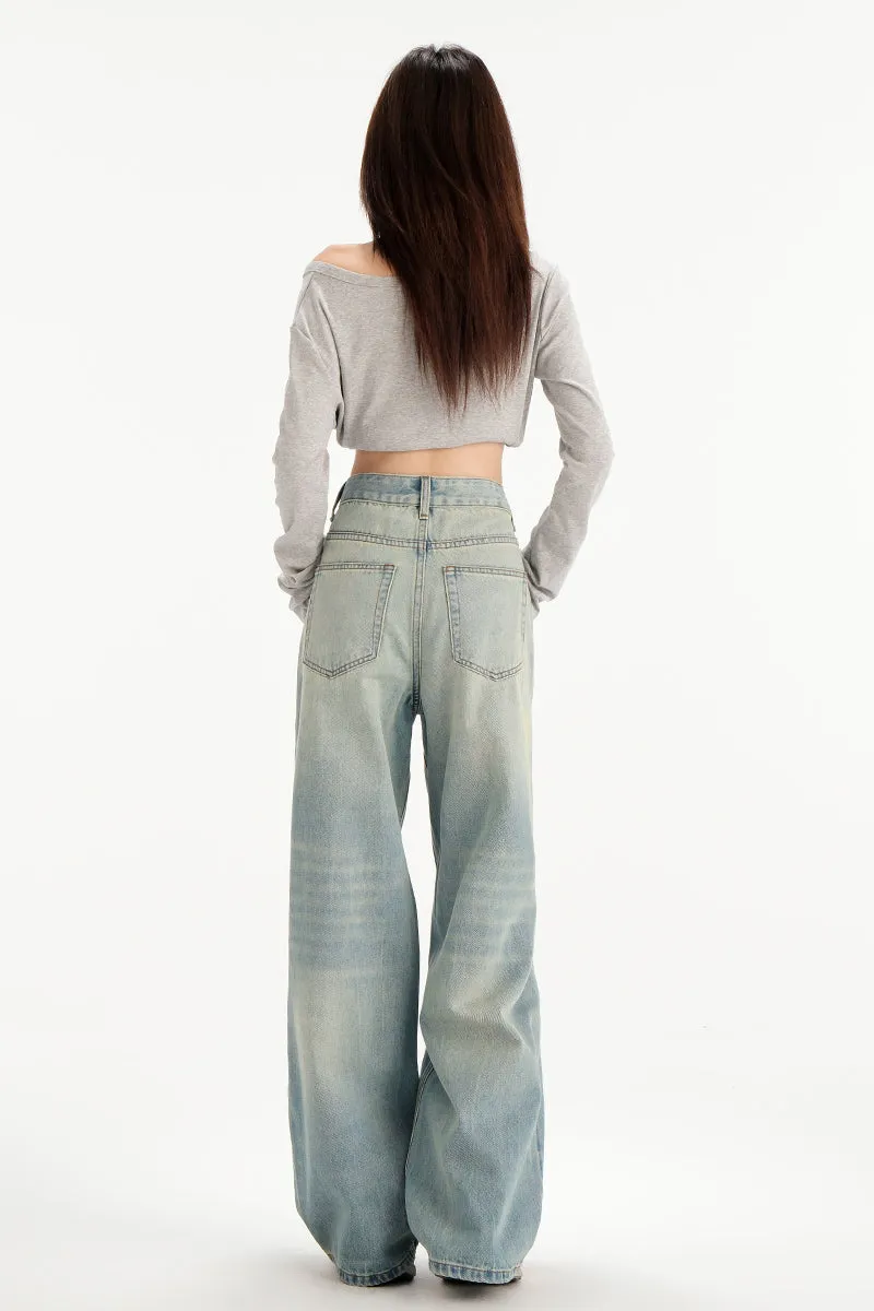 Relaxed Fit Worn-Out Wide-Leg Jeans with Anti-Wrinkle Fabric