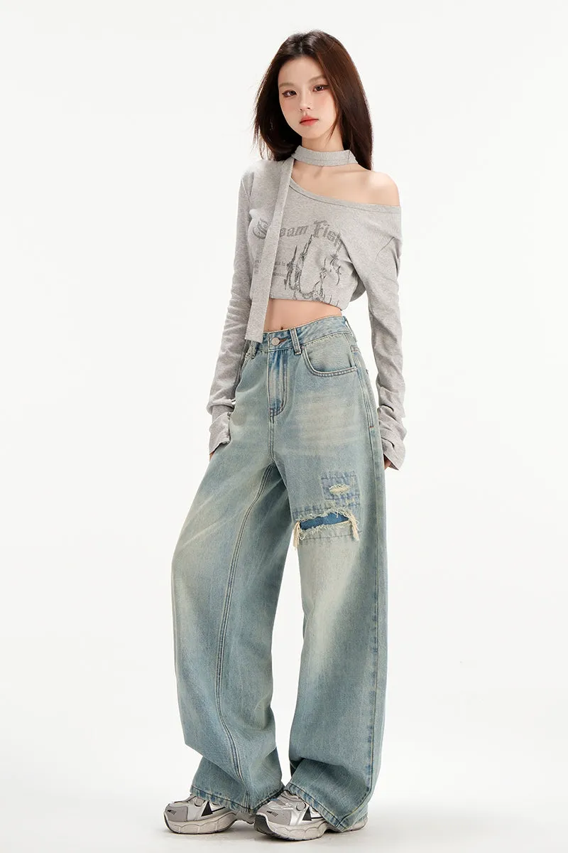 Relaxed Fit Worn-Out Wide-Leg Jeans with Anti-Wrinkle Fabric