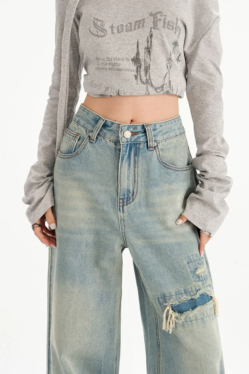 Relaxed Fit Worn-Out Wide-Leg Jeans with Anti-Wrinkle Fabric