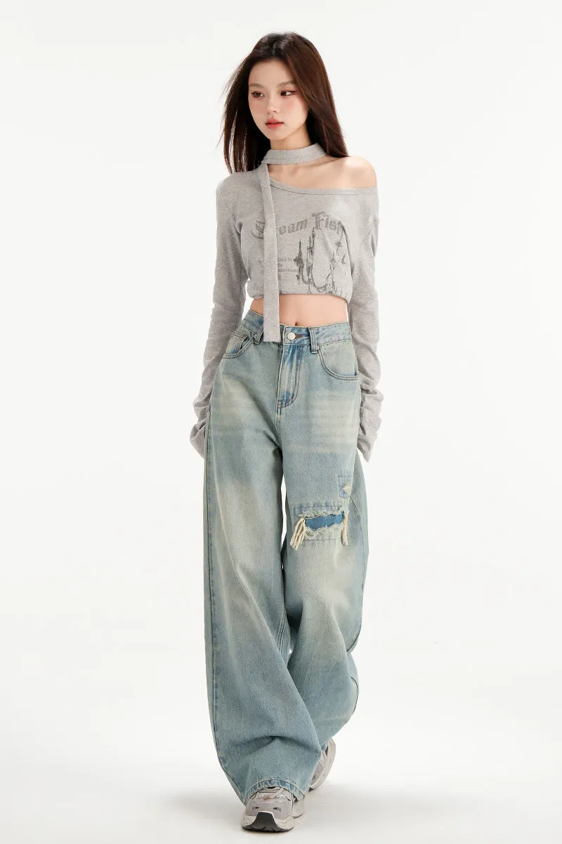 Relaxed Fit Worn-Out Wide-Leg Jeans with Anti-Wrinkle Fabric