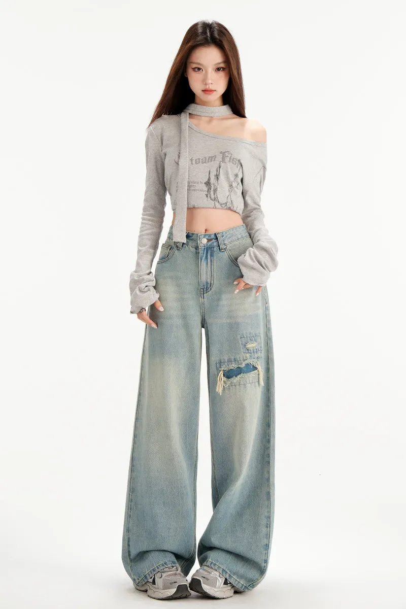 Relaxed Fit Worn-Out Wide-Leg Jeans with Anti-Wrinkle Fabric