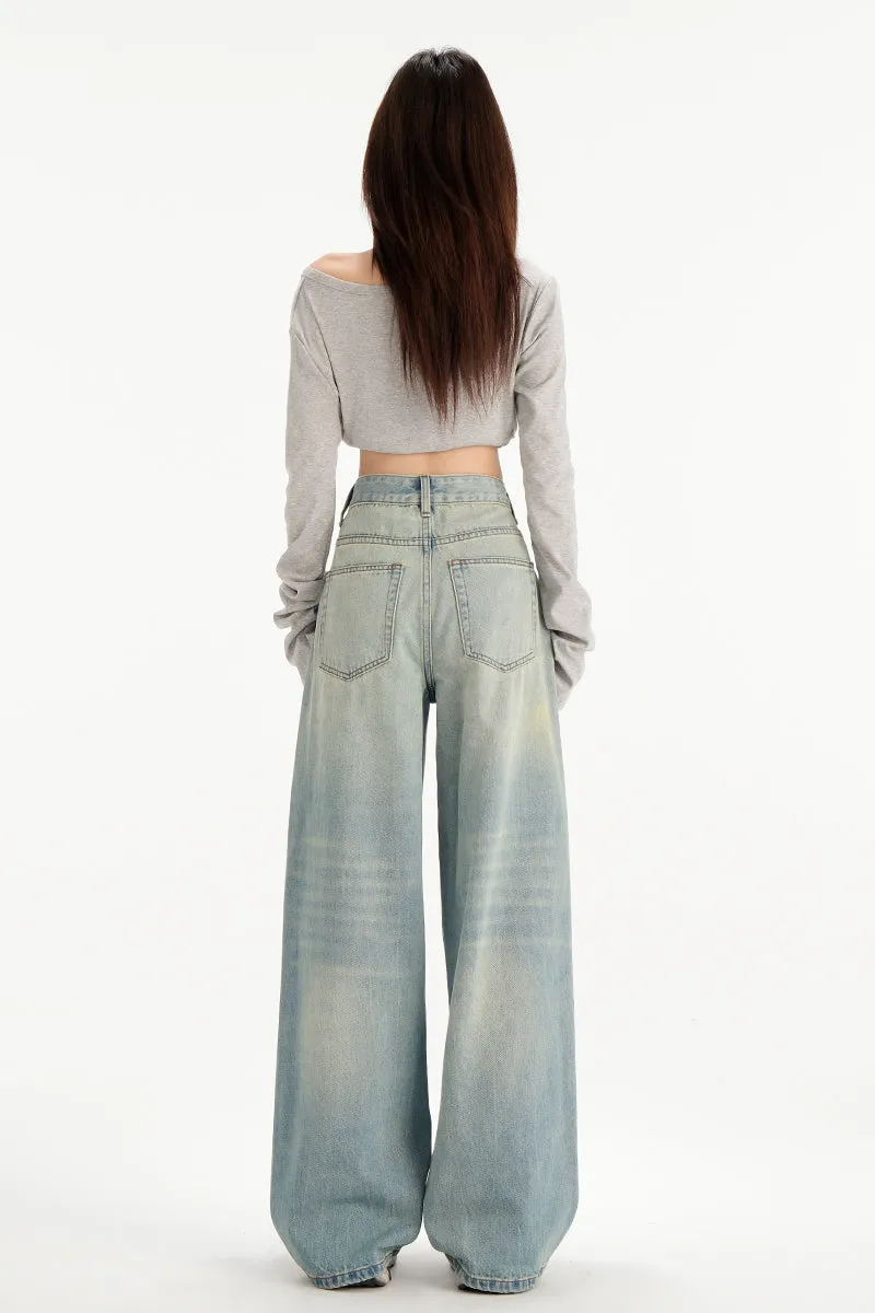 Relaxed Fit Worn-Out Wide-Leg Jeans with Anti-Wrinkle Fabric