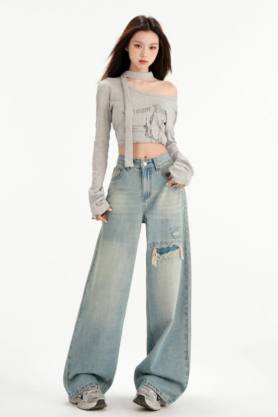 Relaxed Fit Worn-Out Wide-Leg Jeans with Anti-Wrinkle Fabric