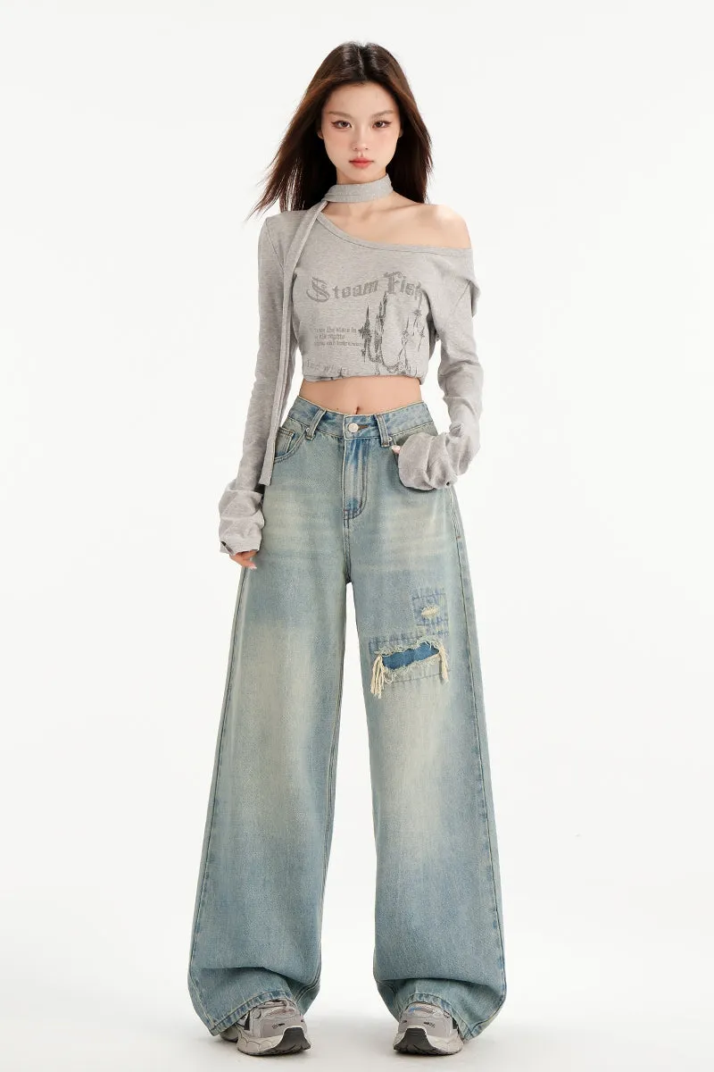 Relaxed Fit Worn-Out Wide-Leg Jeans with Anti-Wrinkle Fabric
