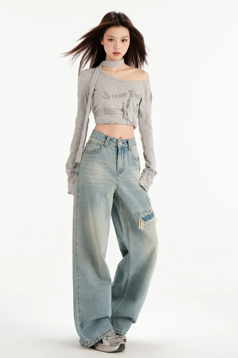 Relaxed Fit Worn-Out Wide-Leg Jeans with Anti-Wrinkle Fabric