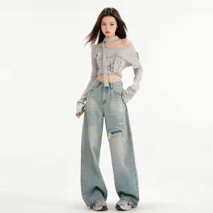 Relaxed Fit Worn-Out Wide-Leg Jeans with Anti-Wrinkle Fabric
