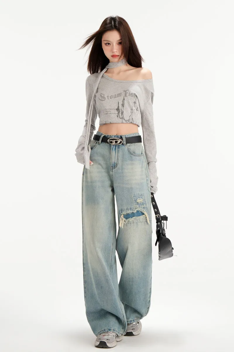 Relaxed Fit Worn-Out Wide-Leg Jeans with Anti-Wrinkle Fabric