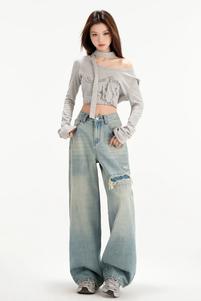 Relaxed Fit Worn-Out Wide-Leg Jeans with Anti-Wrinkle Fabric