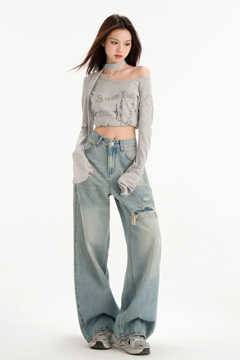Relaxed Fit Worn-Out Wide-Leg Jeans with Anti-Wrinkle Fabric