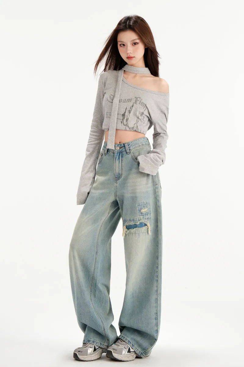 Relaxed Fit Worn-Out Wide-Leg Jeans with Anti-Wrinkle Fabric