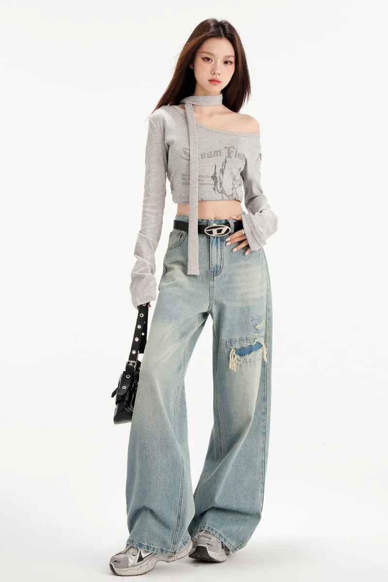 Relaxed Fit Worn-Out Wide-Leg Jeans with Anti-Wrinkle Fabric