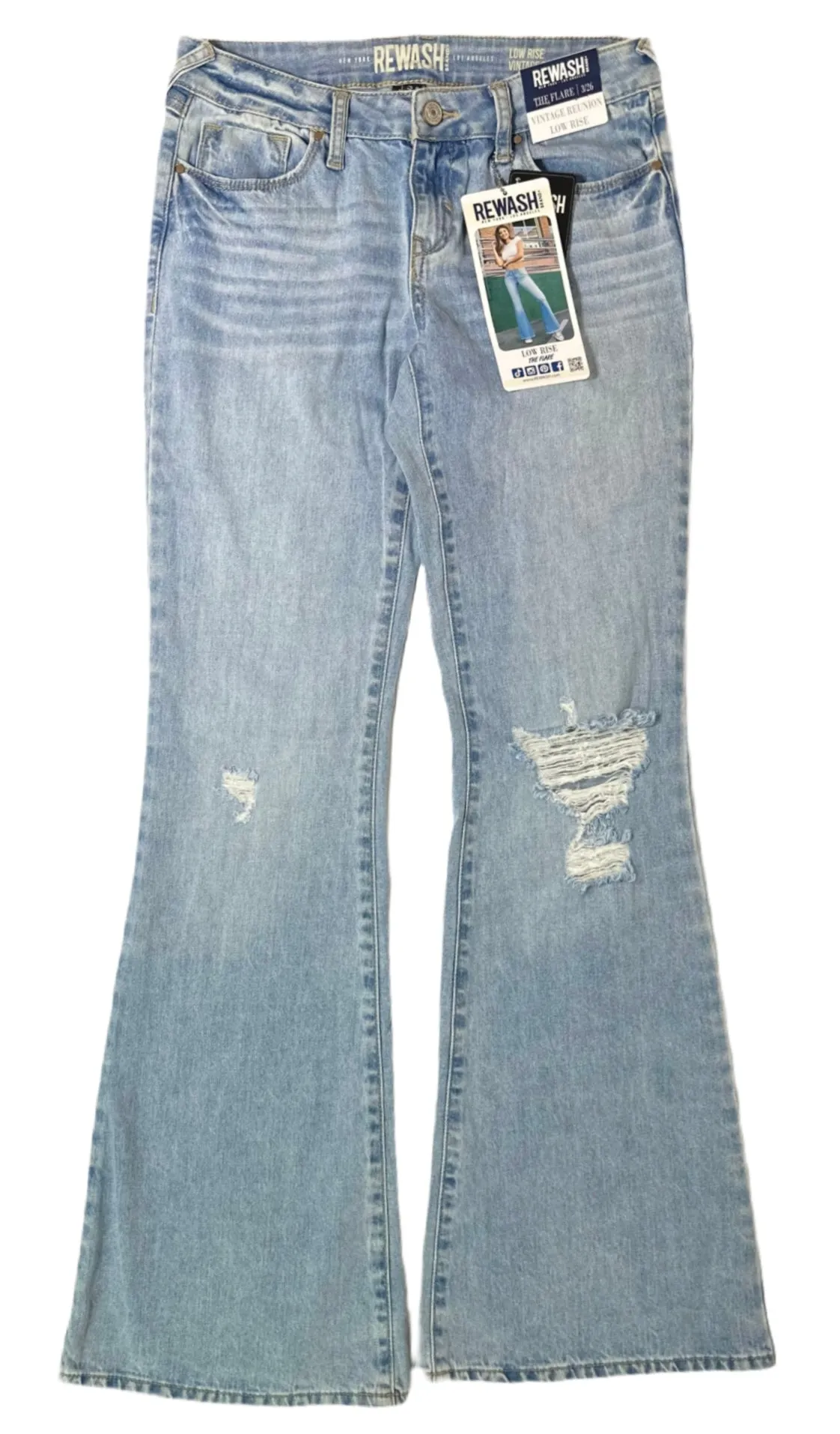 REWASH Low-Rise Distressed Flare Jeans