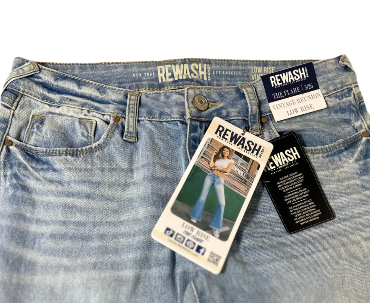 REWASH Low-Rise Distressed Flare Jeans