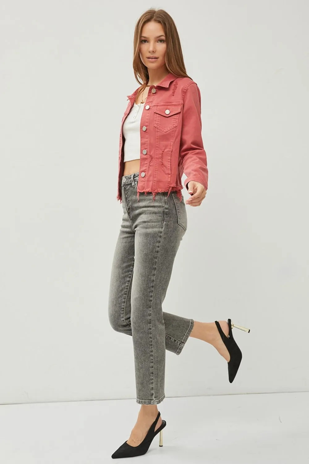 RISEN BUTTON UP CROPPED DENIM JACKET