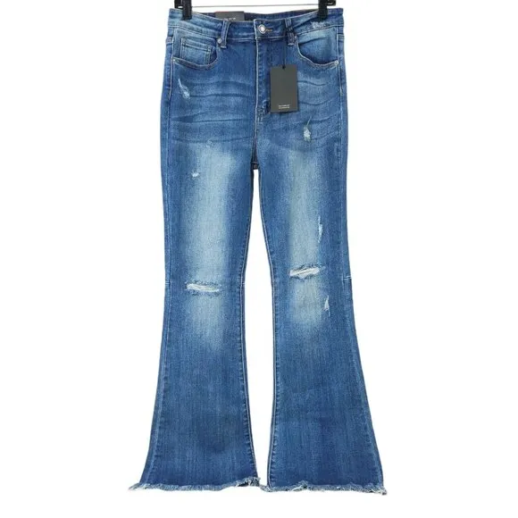 Risen Distressed Flare Jeans Women 31/13 High Rise Fray Hem Stretch NEW Med Wash