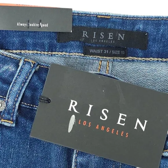 Risen Distressed Flare Jeans Women 31/13 High Rise Fray Hem Stretch NEW Med Wash