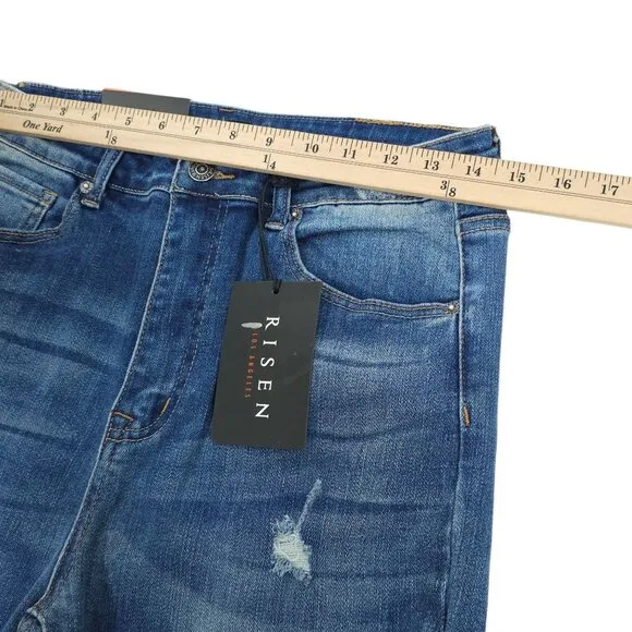 Risen Distressed Flare Jeans Women 31/13 High Rise Fray Hem Stretch NEW Med Wash