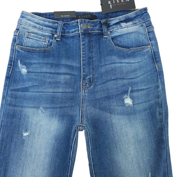 Risen Distressed Flare Jeans Women 31/13 High Rise Fray Hem Stretch NEW Med Wash