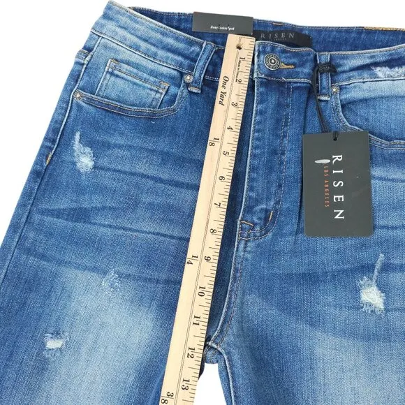 Risen Distressed Flare Jeans Women 31/13 High Rise Fray Hem Stretch NEW Med Wash