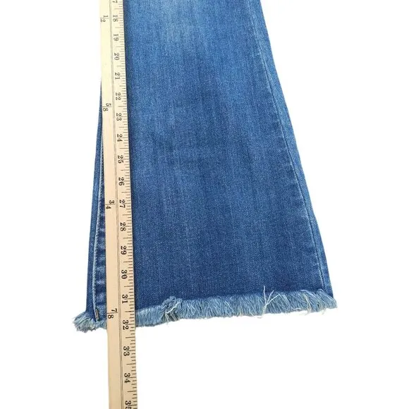Risen Distressed Flare Jeans Women 31/13 High Rise Fray Hem Stretch NEW Med Wash