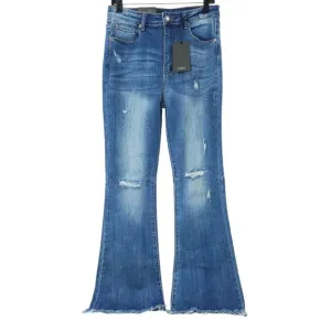 Risen Distressed Flare Jeans Women 31/13 High Rise Fray Hem Stretch NEW Med Wash